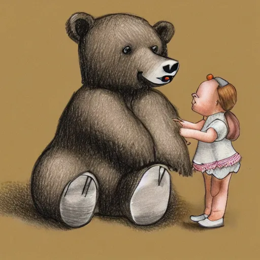 Image similar to drawing of a bear playing with a doll. digital art.