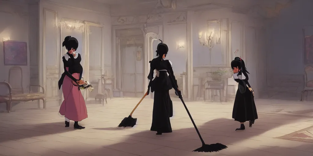 Image similar to animation key shot of a pretty woman with black hair dressed as a maid sweeping the floor in an elegant palace bedroom, studio ghibli, pixar and disney animation, sharp, rendered in unreal engine 5, anime key art by greg rutkowski, bloom, dramatic lighting