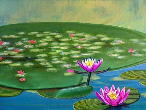 Prompt: A beautiful painting of a waterlily pond in the style of Persian Carpet