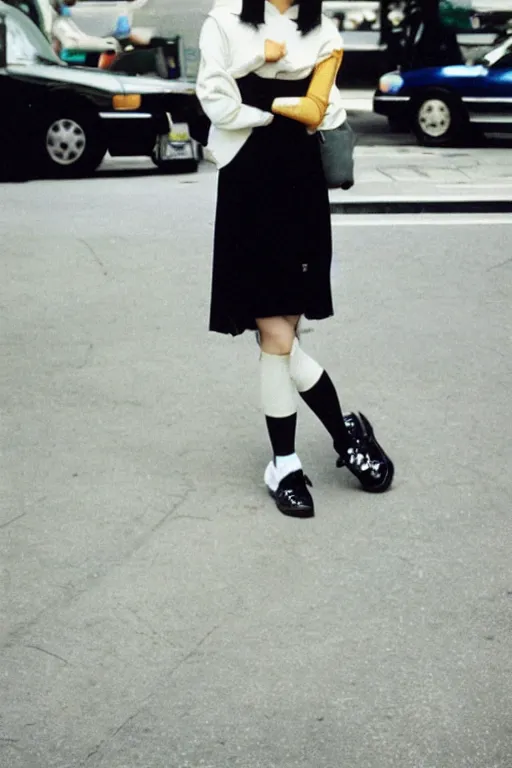 Image similar to a 1 9 9 0 s street fashion photograph of a young japanese woman in 9 0 s fashion!!!, in bubble era tokyo ueno, shot on cinestill 5 0 d with a canon 8 5 mm at f / 5. 6 lens, print magazine quality!!, very photorealistic!!, nineties nostalgia!!!, 4 k