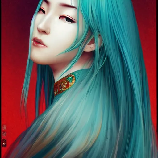 Image similar to a beautiful portrait of hatsune miku with teal colored hair with deep red highlight streaks in her hair dressed as a ancient chinese sorceress, intricate, elegant, highly detailed, digital painting, artstation, concept art, matte, sharp focus, illustration, art by greg rutkowski and alphonse mucha