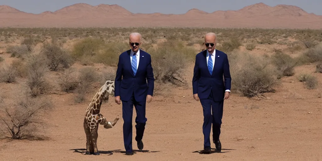 Image similar to Joe Biden in a giraffe suit , walking in the desert