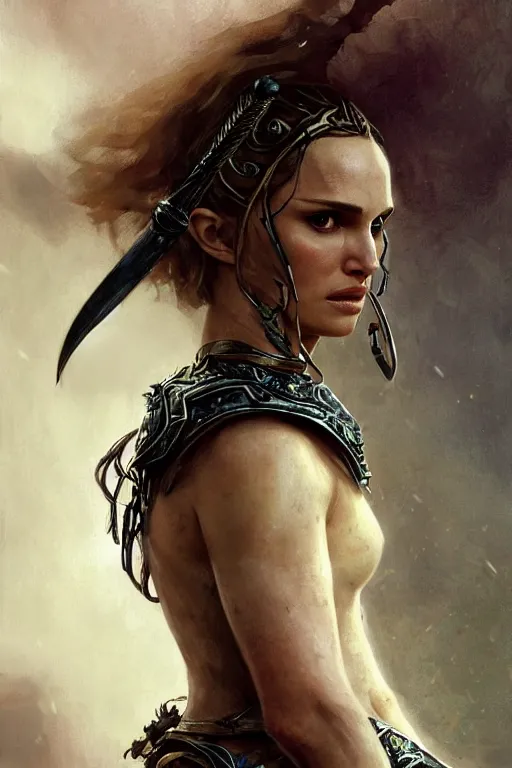 Image similar to natalie portman, legendary warrior, heroic, lord of the rings, tattoos, decorative ornaments, battle armor, by carl spitzweg, ismail inceoglu, vdragan bibin, hans thoma, greg rutkowski, alexandros pyromallis, perfect face, fine details, realistic shading photorealism