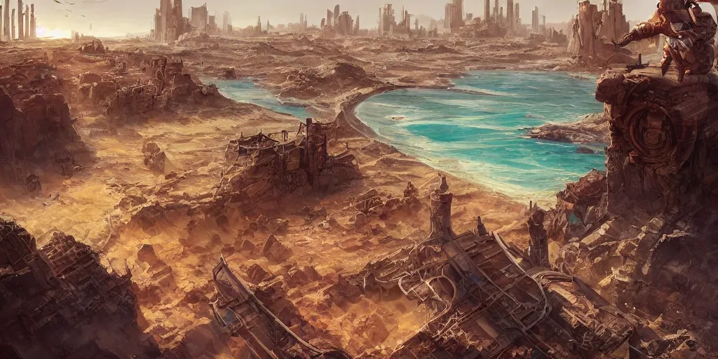 Prompt: a photo of a place where the desert meets the ocean, incredible vista of an advanced city next to a ruined city, a sole survivor looks into the camera, no man's sky, tarot card, mystical, concept art, art station, style of Jordan Grimmer, Gilles Beloeil