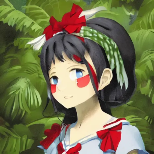 Prompt: a ponzi emiliano of reimu in the jungle wearing bonnet