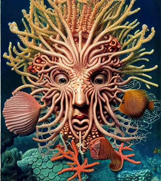 Image similar to hyperrealistic detailed underwater face portrait of the beautiful god of the fish with an intricate headgear of corals, sea kelp, sea plants, fish, starfish, jellyfish, art by ernst haeckel, james jean, john william godward, gothic, neo - gothic, ornamental, beautiful deep colours,