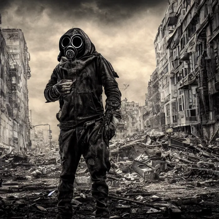 Image similar to gritty hooded apocalyptic man in gas mask standing in street of destroyed city, hyper - detailed, smooth, sharp focus, 4 k ultra hd, fantasy dark art, apocalyptic art