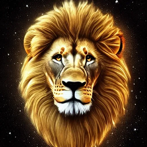 Prompt: lion made out of universe with a golden colar, hyper detailed, smooth, realistic, stunning, beautiful, trending on artstation,