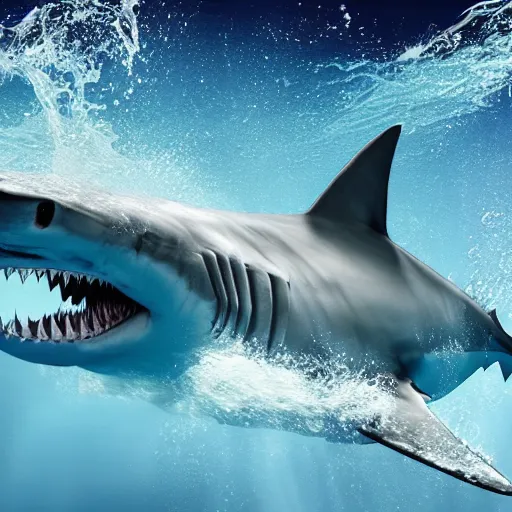 Image similar to a giant shark, water magic art, on the ocean water, ray tracing, realistic water sharp focus, long shot, 8 k resolution, cinematic, amazing water art