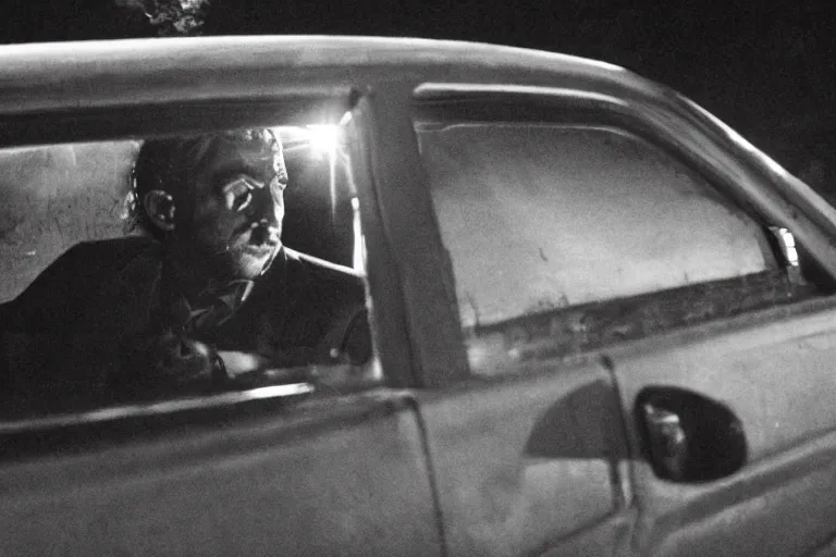 Image similar to movie scene, hofman waiting outside a house in his car, night, silenced pistol, by emmanuel lubezki