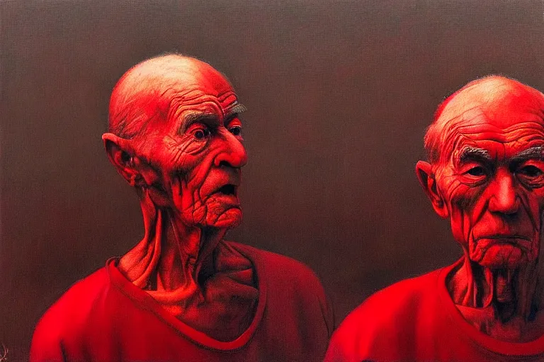 Image similar to only with red, a red old man try to sell a portrait, in a square, crowd goes crazy, in the style of beksinski, parts by edward hopper, parts by rodcenko, parts by yue minjun, intricate and epic composition, red by caravaggio, insanely quality, highly detailed, masterpiece, red light, artstation, 4 k