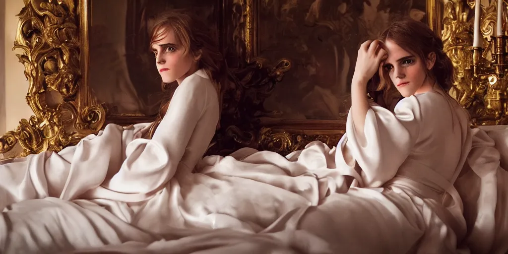 Prompt: portrait closeup Emma Watson long hair flowing silk robes baroque room candles mirrors cinematic lighting stanley kubrick barry lyndon 4k canon 5d mk4 colour