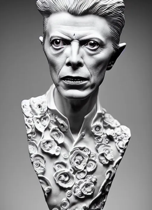 Image similar to David Bowie , A Close up photo-real delicate ceramic porcelain sculpture of a symmetrical ornate detailed in front of an intricate background by Victo Ngai and takato yamamoto, micro detail, backlit lighting, face in focus, subsurface scattering, translucent, thin porcelain, octane renderer, colorful, physically based rendering, japanese pottery, trending on cgsociety