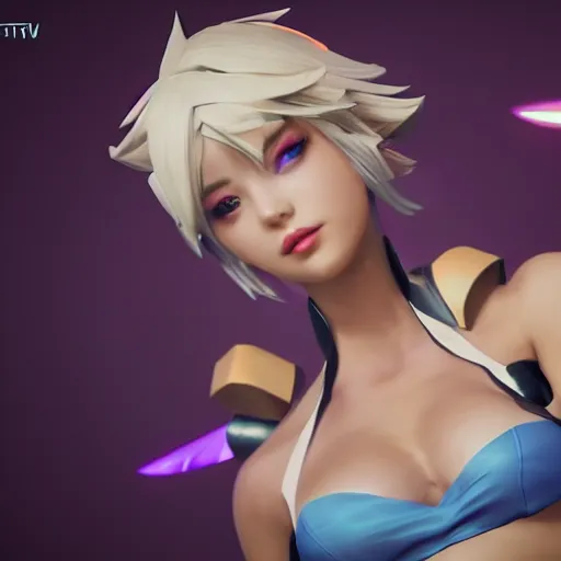 Image similar to still of pretty Riven (League of Legends) in KDA music video. 3d render, octane render, game art, realistic, highly detailed, trending on artstation, 4k, trending on artstation, pixar, cgsociety, unreal engine 5, redshift render, trending on artstation, blender, behance, cg