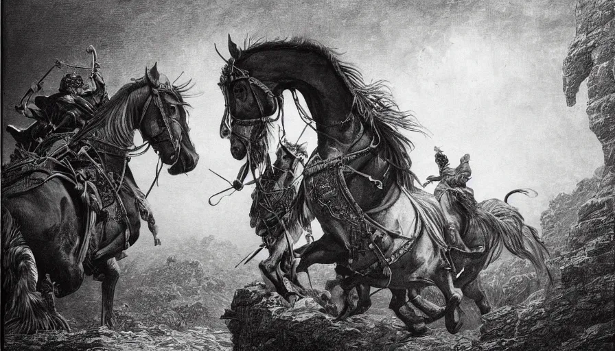 Image similar to big opened book, don quixote leave the book by horse, opened book page, cinematic romantic magical masterpiece, by gene wolfe, highly detailed painting by gustave dore