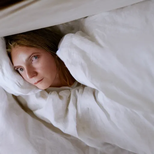 Prompt: closeup portrait of girl in linen clothing floating from the room ceiling into a bed, natural sun lighting, 8 5 mm lens by annie leibovitz