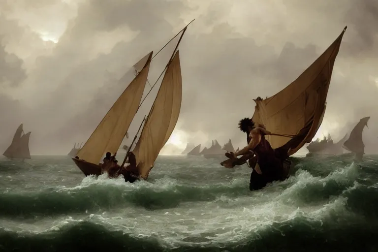 Image similar to ancient historically accurate depiction of Bible Character walking on water during a storm, a small fishing sailboat with scared sailors on board, dramatic lighting by frank miller, illustration by Ruan Jia and Mandy Jurgens and William-Adolphe Bouguereau, Artgerm, 4k, digital art, surreal, space dandy style, highly detailed, godsend, artstation, digital painting, concept art, smooth, sharp focus, illustration by Ruan Jia and Mandy Jurgens and William-Adolphe Bouguereau, Artgerm