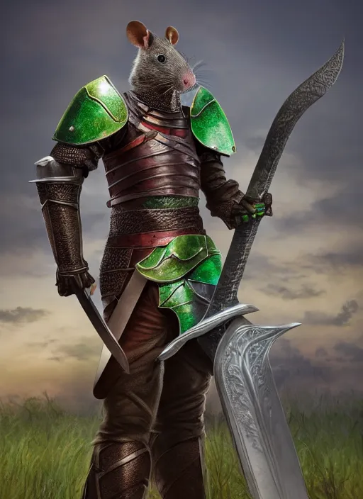 Image similar to full body portrait of half rat knight holding a great sword made of fire, anthropomorphic, hyper realistic, high detail, photo realistic, cinematic lighting, rendering by octane, spot lighting, in a open field, high quality, coherent. green hue armor