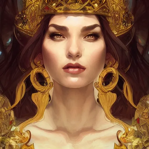 Prompt: portrait of a very hot queen, D&D, fantasy, highly detailed, digital painting, artstation, smooth, sharp focus, illustration, art by artgerm and greg rutkowski and alphonse mucha