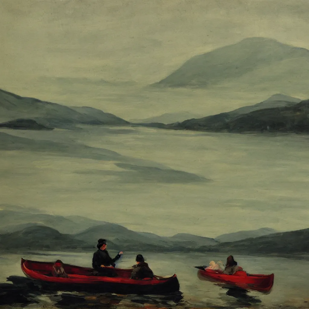 Image similar to one beautiful woman sitting in canoe on the hudson river, mountains in mist in the background, oil painting, style of george bellows