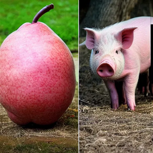 Image similar to a pig that is also a pear; a pear that is part of a pig's face; one animal; nature photo