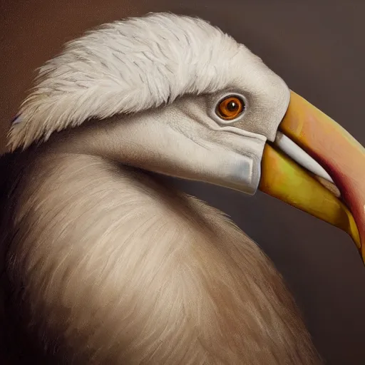 Prompt: realistic portrait of an dodo with an axe in the beak, fantasy book, high detail, 8 k, octane render painting, dark fantasy