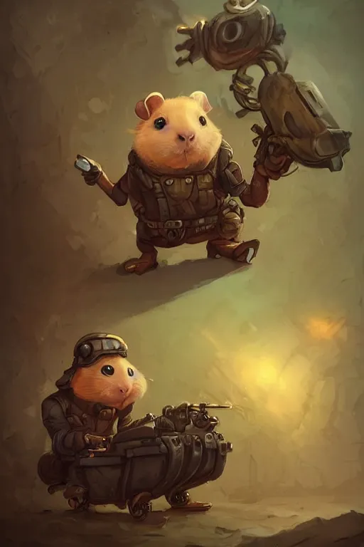 Image similar to cute little anthropomorphic Guinea Pig Tank driver next to its tank, tiny, small, short, Tank driver outfit, cute and adorable, pretty, beautiful, DnD character art portrait, matte fantasy painting, DeviantArt Artstation, by Jason Felix by Steve Argyle by Tyler Jacobson by Peter Mohrbacher, cinematic lighting