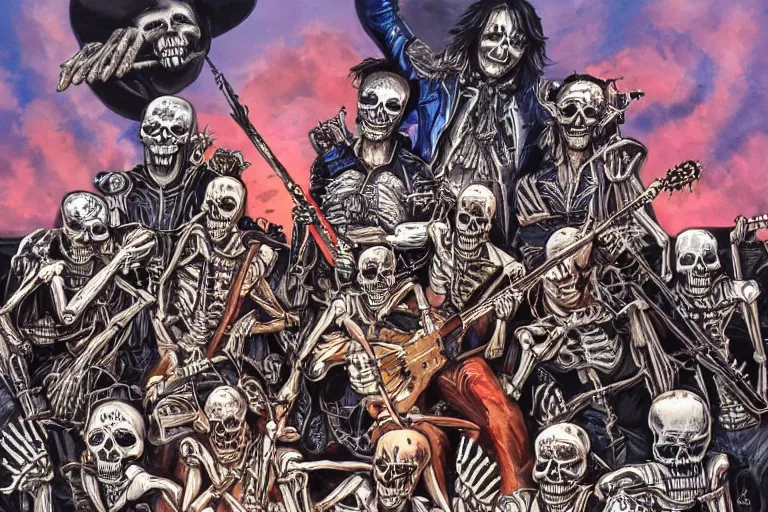 Image similar to skeleton heavy metal band live at coachella, art by danny flynn and simon bisley, trending on artstation, halfrear, oil and canvas, very very intricate, socialist realism