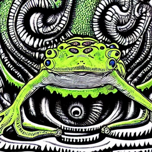 Image similar to closeup of an adorable, eldritch frog abomination of unimaginable horror by h. r. giger and junji ito, speculative evolution, psychedelic illustration, op art, sticker illustration