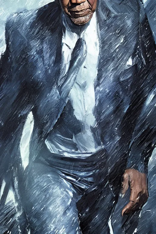 Image similar to a fancy close up of Man of Steel cast as Morgan Freeman by Greg Rutkowski, full body shot