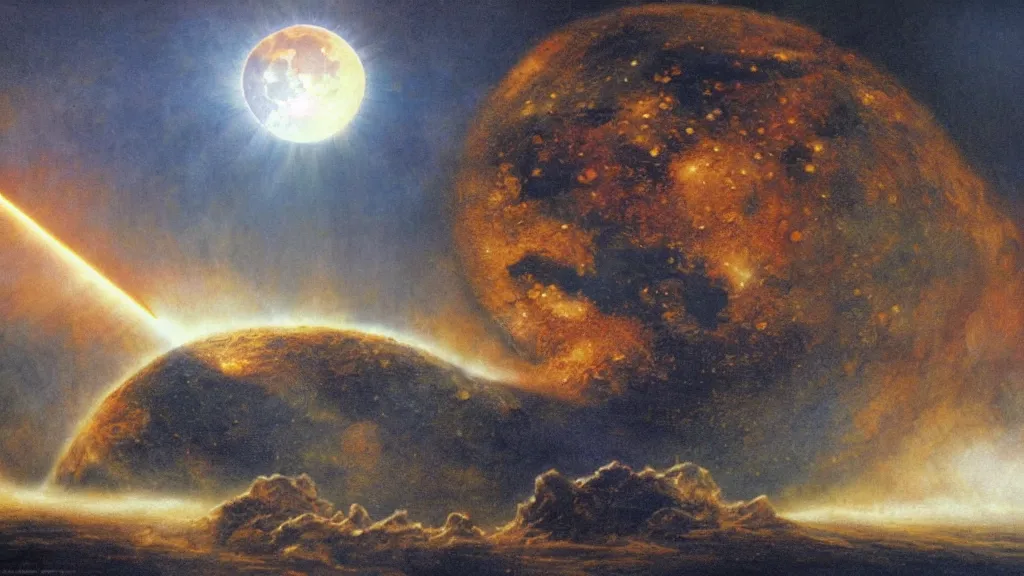 Prompt: The moon crashes into the earth, fault, a shock wave, pieces of land, frightening appearance, catastrophic, Breathtaking , the sun's rays through the dust, noise, Hans zimmer Soundtrack, Expectation, fear, art by Gilbert Williams,