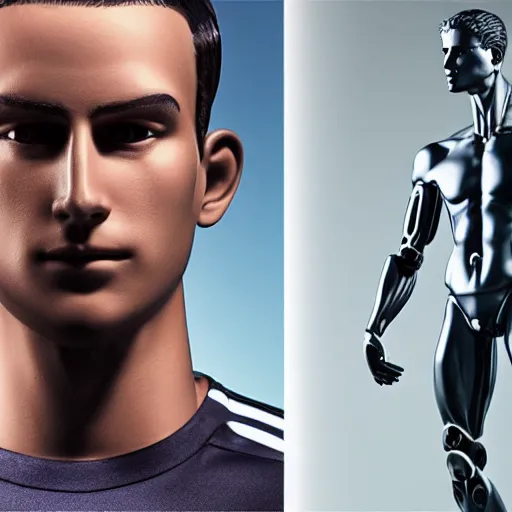 Image similar to a realistic detailed photo of a guy who is an attractive humanoid who is half robot and half humanoid, who is a male android, attractive and handsome soccer players, shiny skin, posing like a statue, blank stare, in a factory, on display, showing off his muscles, gold soccer shorts, side view, looking at each other mindlessly