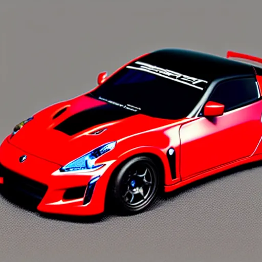 Image similar to a hotwheel supercar based on the 3 7 0 z and nsx, it has a red and black paint, photoreal, car photography, hotwheels, award winning, supercar,