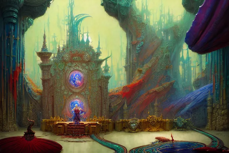 Prompt: the inner throne room of the massive fantasy castle, vivid intricate vibrant elaborate pastel inks, background landscape environment illustration, brad rigney willian murai ilya repin dragan bibin pete mohrbacher, raymond swanlandy stephan matiniere.