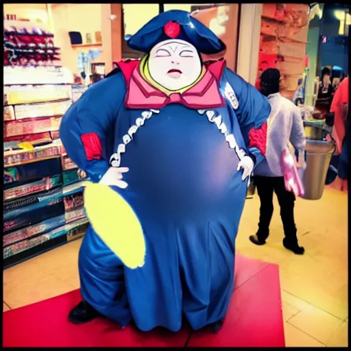 Prompt: obese man cosplaying as sailormoon