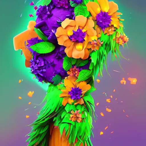 Prompt: a beautiful stunning fantasy matte digital painting of a traditional pinata made of orange and purple flowers and green leaves, concept art, professional lighting, trending on artstation hq, contest winner