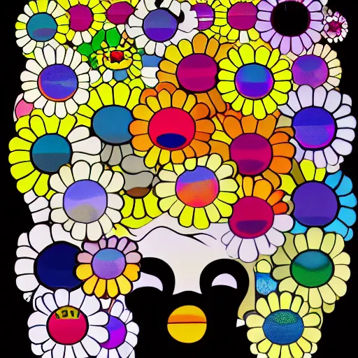 Image similar to silhouette of head exploding into flowers, bright colors, Takashi Murakami, Minimalist,