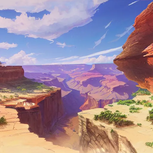 Image similar to concept art painting of a grand canyon with ocean inside, giant river, with unfinished bridge under construction, realistic, detailed, cel shaded, in the style of makoto shinkai and greg rutkowski and james gurney