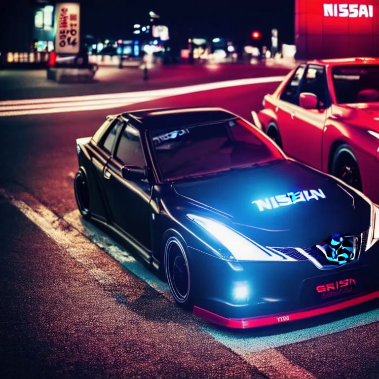 Prompt: close-up-photo Nissan 2000GTS turbo illegal roadside night meet, work-wheels, Shibuya Shibuya, cinematic colors, photorealistic, highly detailed, night photography