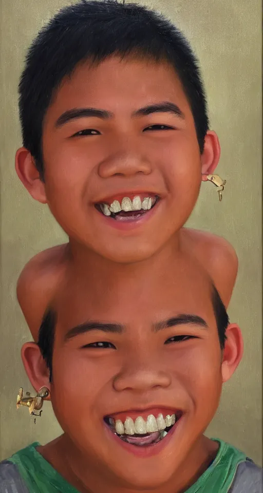 Image similar to oil portrait of a teenage chubby filipino boy smiling with crooked teeth, with a curly perm, and with small studded earings, 4 k, photorealistic, high detail