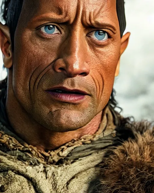 Image similar to Film still close-up shot of Dwayne Johnson as Bilbo Baggins from the movie The Hobbit. Photographic, photography