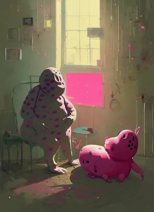 Prompt: mr blobby visiting his gran, by greg rutkowski, by greg, tocchini, by james gilleard, by joe fenton, by kaethe butcher, gradient yellow, pink, brown and white color scheme, grunge aesthetic!!! ( ( silly background ) )