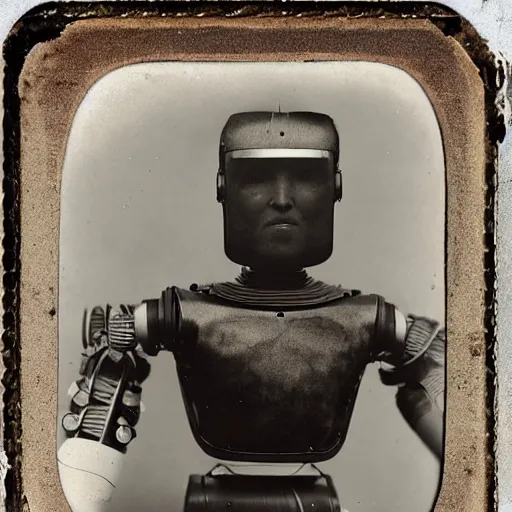 Image similar to humanoid robot, advanced humanoid robots, sleek robot, in log cabin living room, tintype photograph, daguerrotype, 1 8 7 0 s photograph