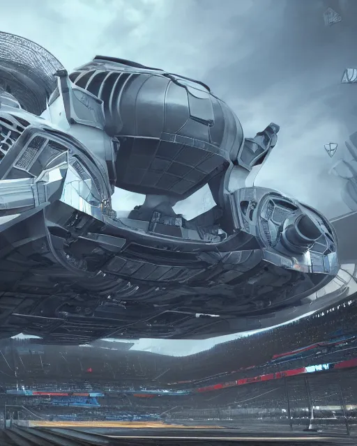 Image similar to a futuristic stadium with a giant metal gear on the field, unreal engine, hyper realism, realistic shading, cinematic composition, realistic render, octane render, detailed textures, photorealistic, wide shot