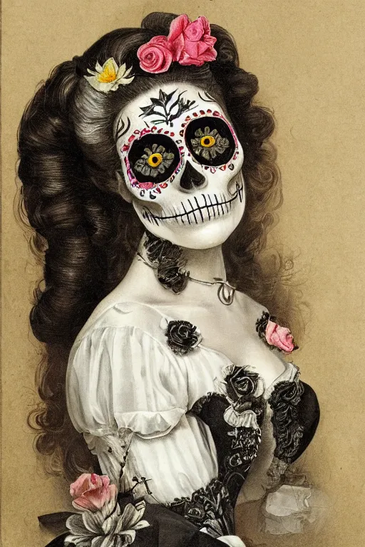 Image similar to Illustration of a sugar skull day of the dead girl, art by pieter claesz