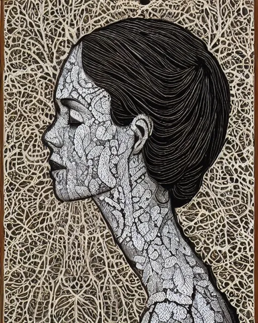 Image similar to a woman's face in profile, made of intricate decorative lace leaves, in the style of casey weldon