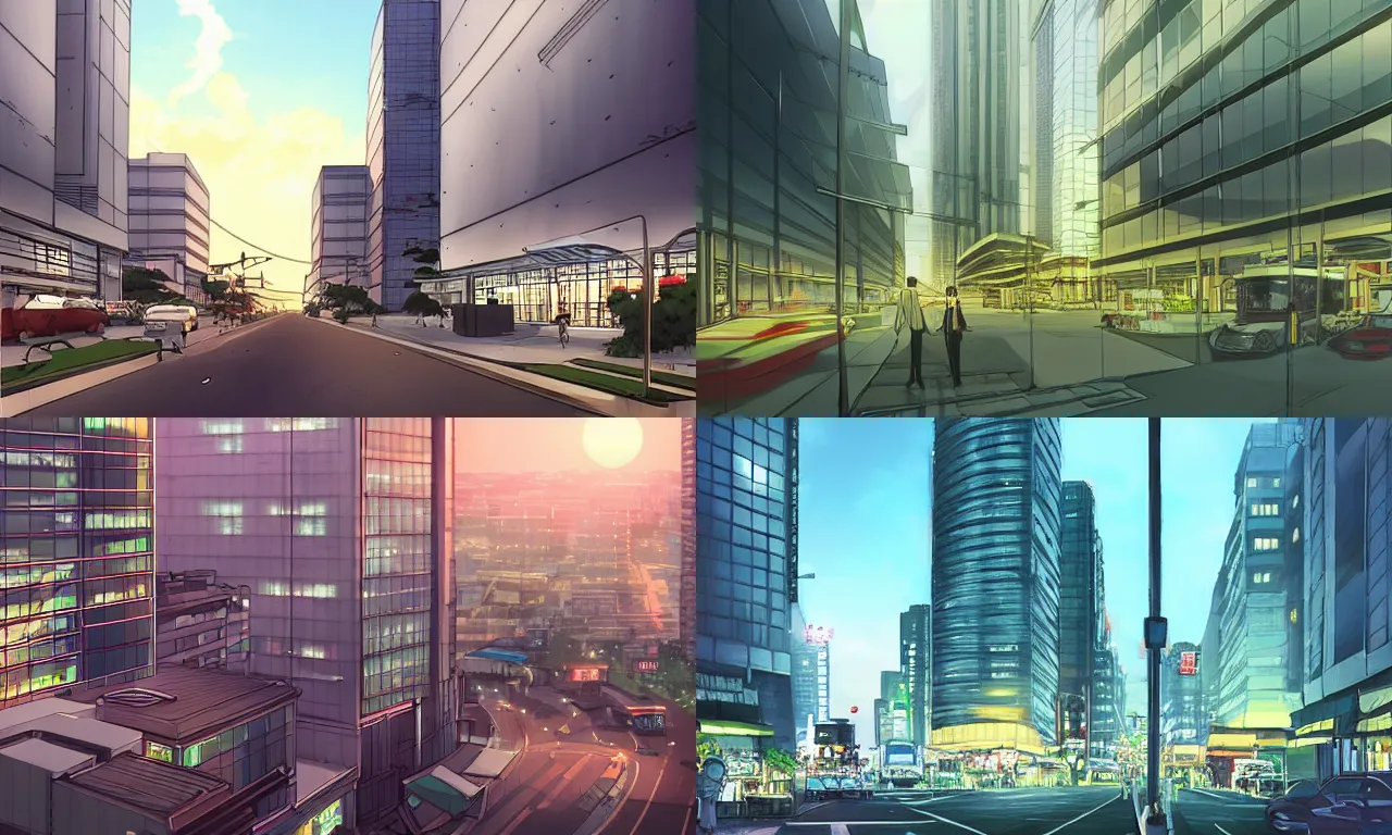 Prompt: modern business district ， soft lighting ， by makoto shinkai an krenz cushart ， wide angle