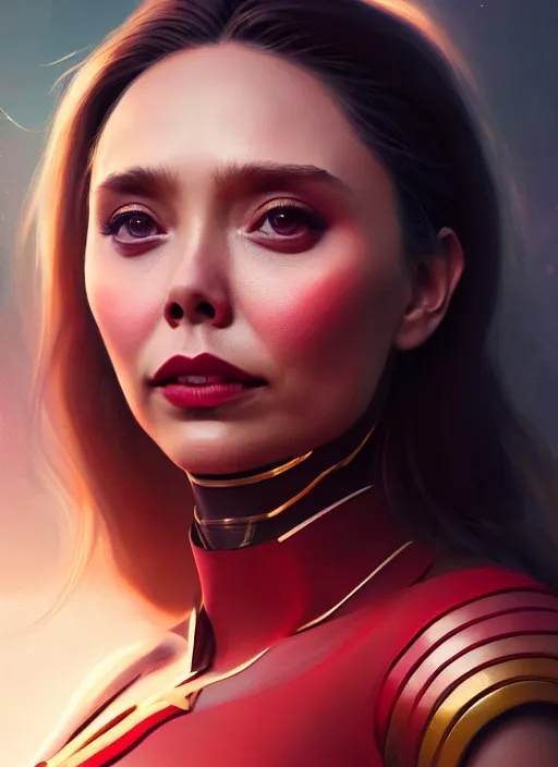 Image similar to portrait of modern darna, elizabeth olsen, intricate, elegant, glowing lights, highly detailed, digital painting, artstation, glamor pose, concept art, smooth, sharp focus, illustration, art by wlop, mars ravelo and greg rutkowski