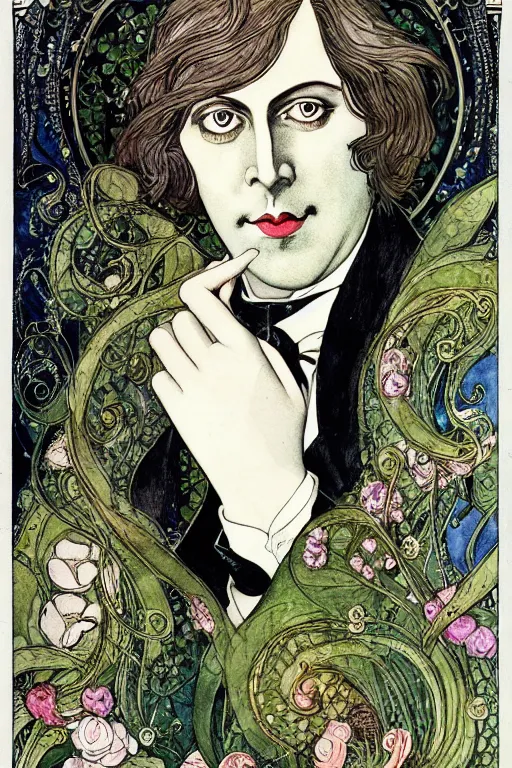 Image similar to realistic portrait of oscar wilde in the center of an ornate frame of dark flowers, detailed art by kay nielsen and walter crane, illustration style, watercolor