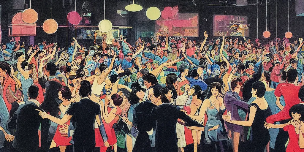 Image similar to a crowd of people dancing underneath a disco ball, risograph by ernie barnes, rex goreleigh, edward hopper, satoshi kon and moebius,, no text!, colorful flat surreal design, super - detailed, a lot of tiny details, fullshot